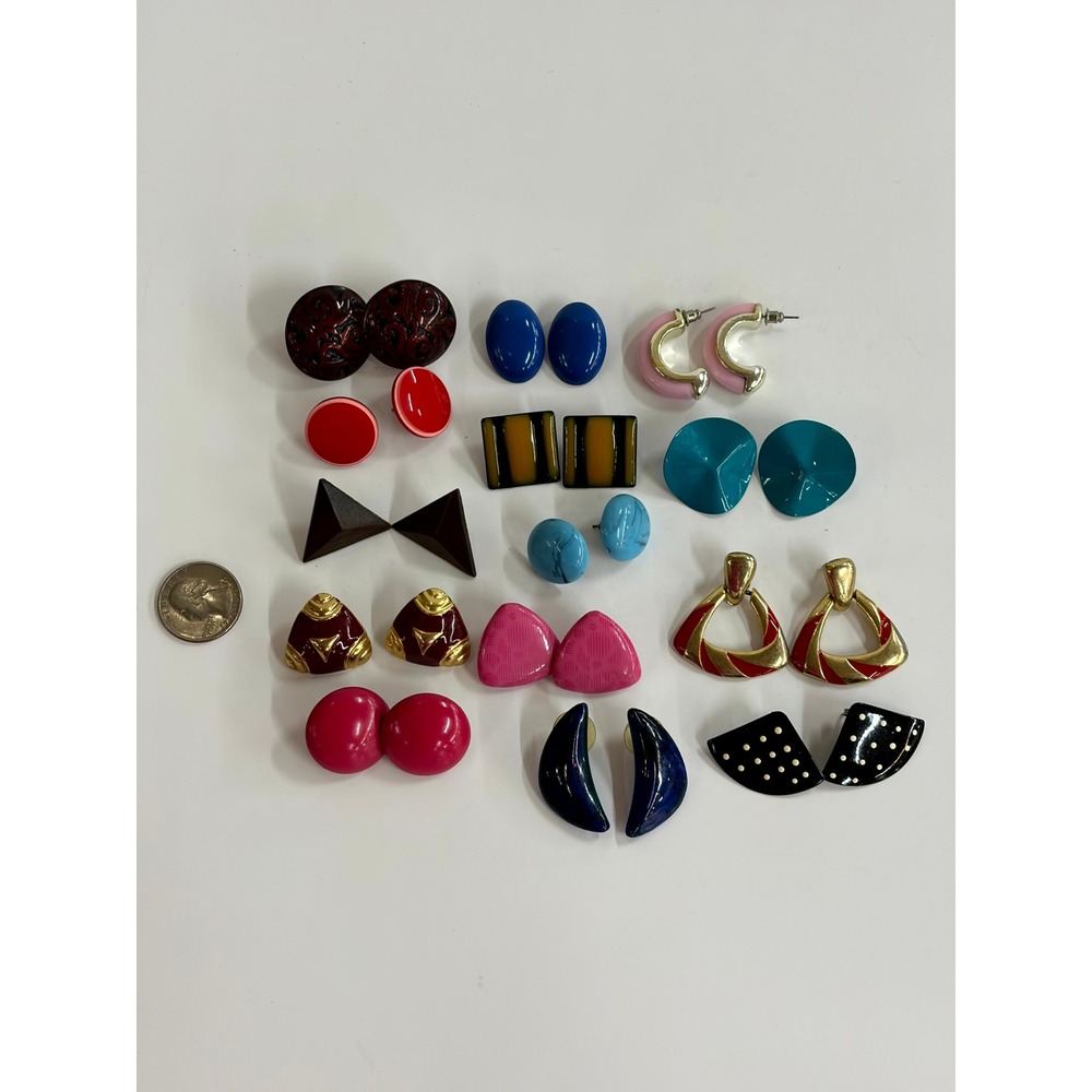Vintage 90s Earring Lot 14 Pairs Geometric Resin Studs Hoops Retro Jewelry